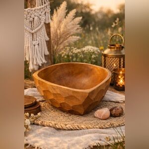 Vintage Hand-Carved Teardrop Wood Bowl | Mid Century Modern Faceted Boho Decor